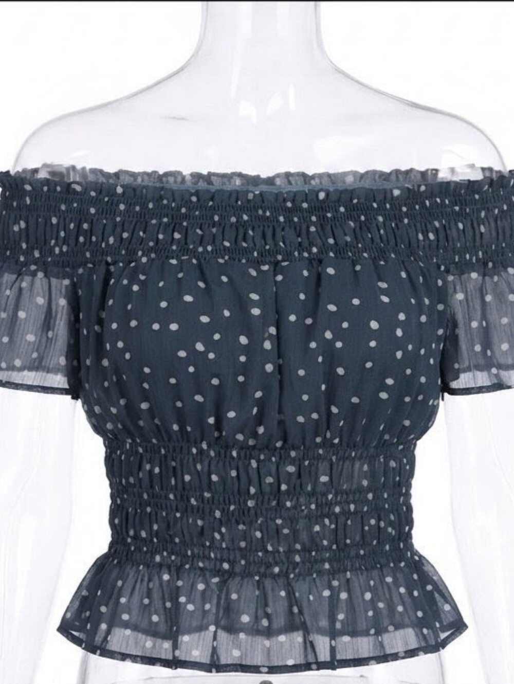 Mi Ami Slate Blue And White Polka Dot Smocked Off-Shoulder Top